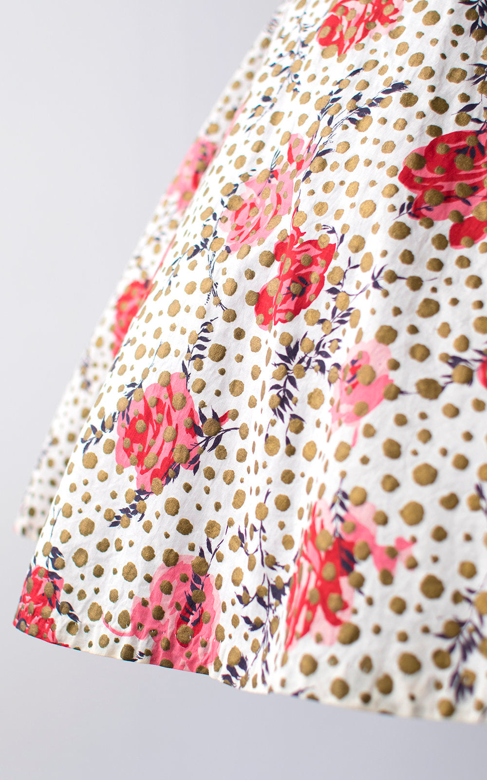 Vintage 1950s Dress | 50s Rose Floral Metallic Polka Dot Cotton Sundress White Strapless Drop Waist Full Skirt Day Dress (x-small)