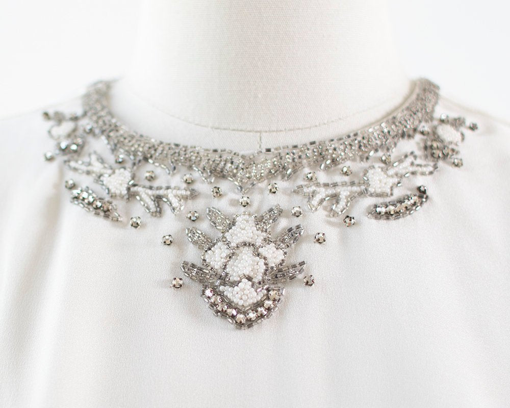 Vintage 1940s 1950s Blouse | 40s 50s Beaded Rhinestone White Rayon Button Back Short Sleeve Top (medium)