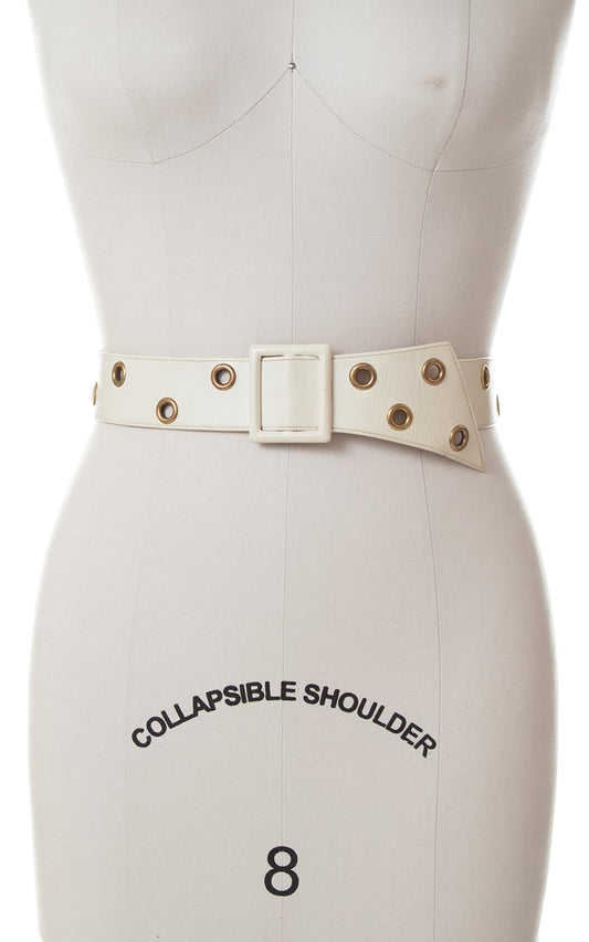 1950s White Leather Cinch Belt with Grommets | xs/small