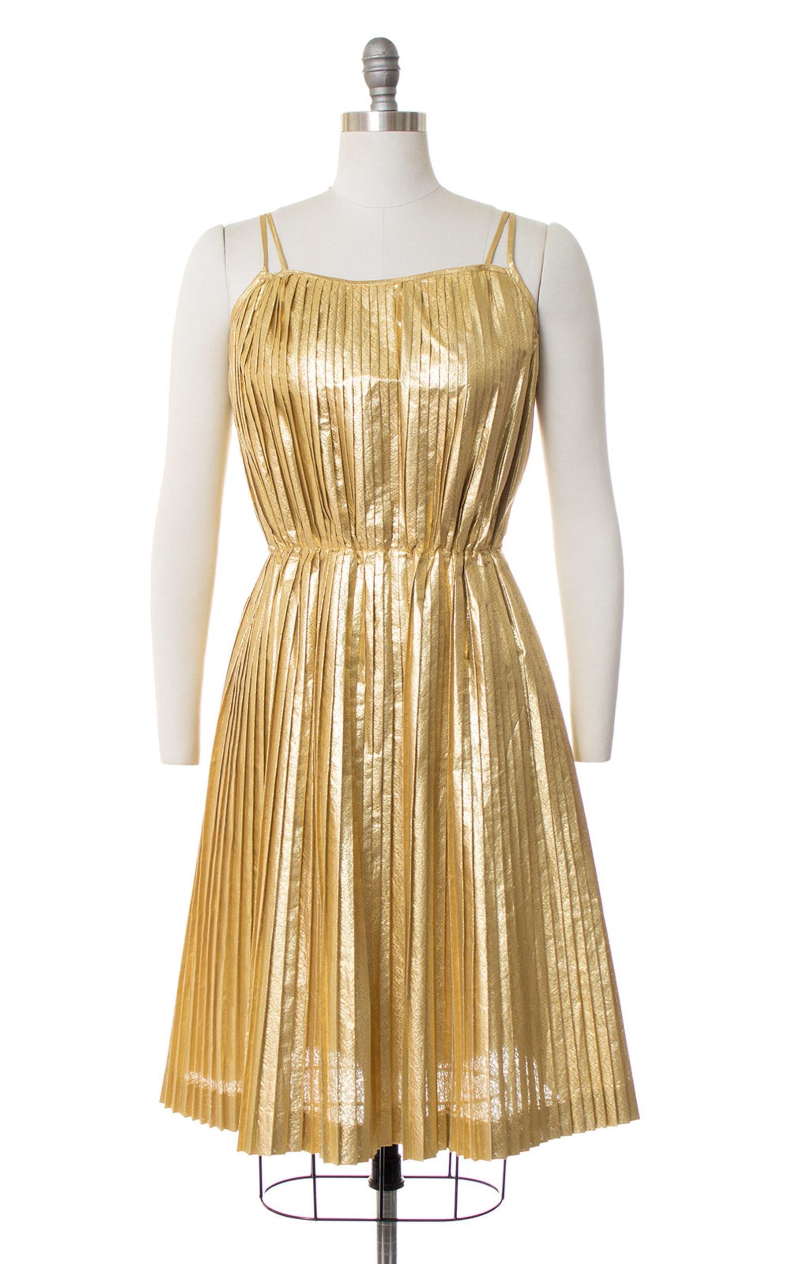 1970s Gold Lam Pleated Party Dress | small 1970s Gold Lam Pleated Party Dress | small