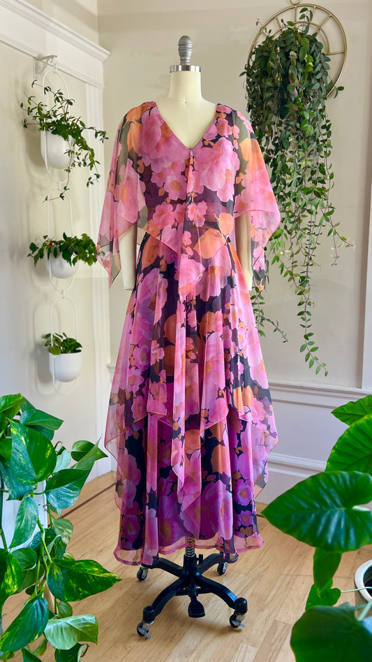 1970s Floral Tiered Chiffon Dress | small