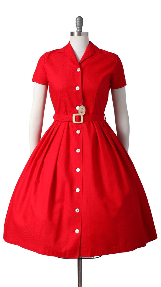 1960s DEADSTOCK Red Shirtwaist Dress | medium