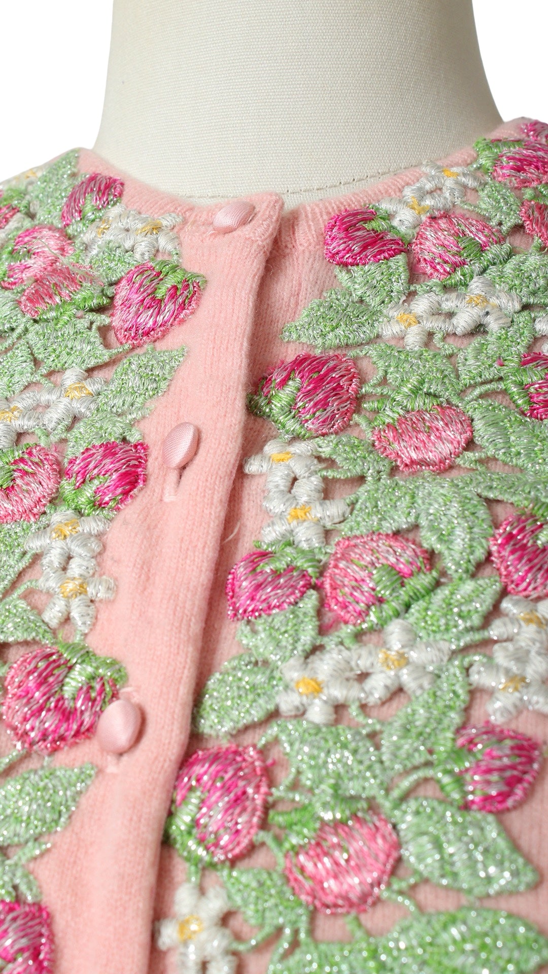 1950s DALTON Knit Cashmere Strawberry Floral Appliqué Cardigan | medium/large