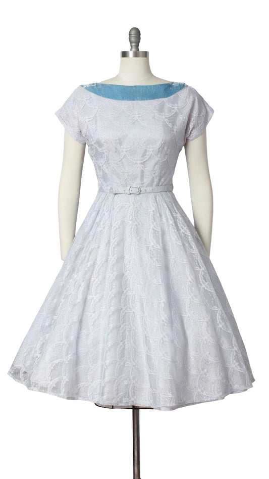 NEW | 1950s Lurex Blue Lace Party Dress | small