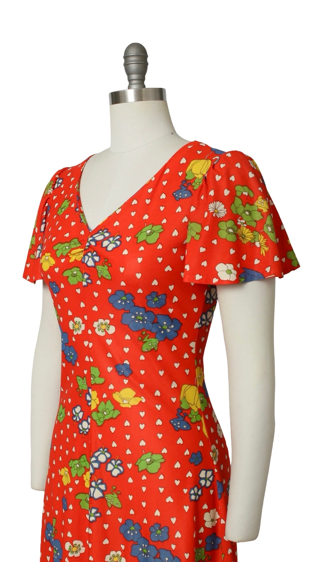 NEW | 1970s Frog Floral Hearts Novelty Print Dress | small