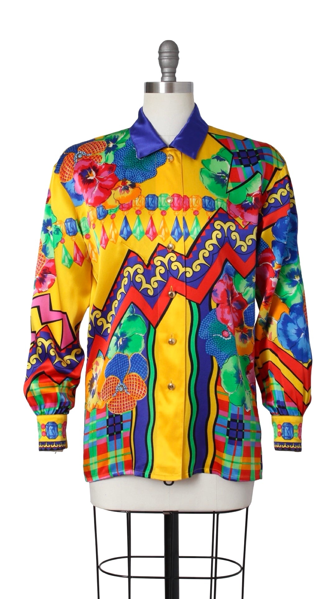 1990s ESCADA Silk Gem Floral Novelty Print Blouse | medium/large