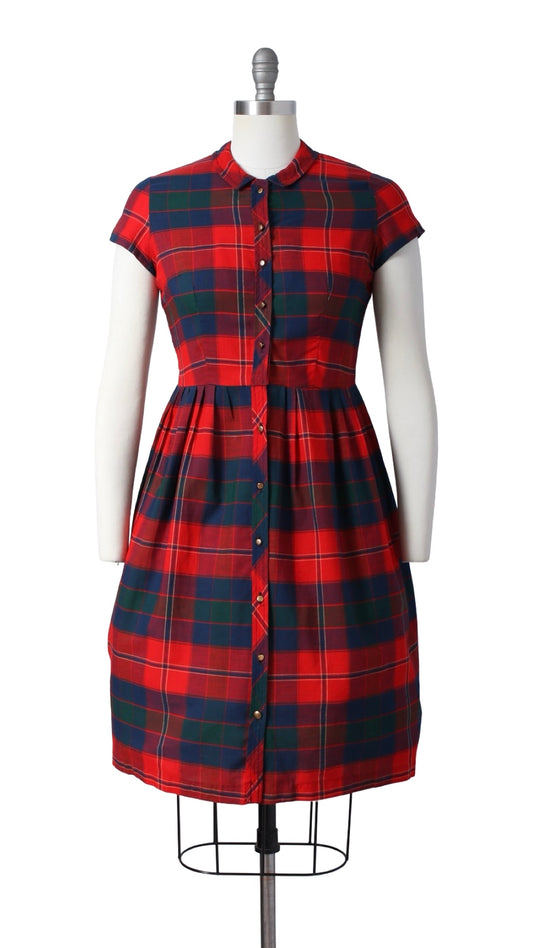 1950s 1960s Plaid Shirtwaist Dress | small/medium