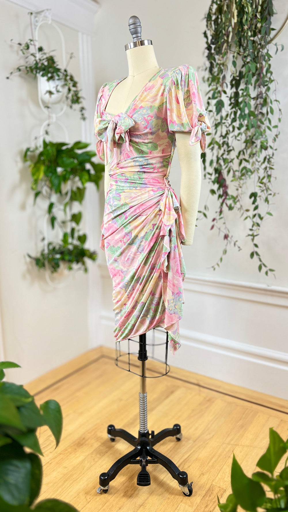 Vintage 1980s 80s Ungaro Designer Floral Silk Jersey Draped Wiggle Sheath Tea Day Dress Stretchy Couture Pastel Print xs xsmall
