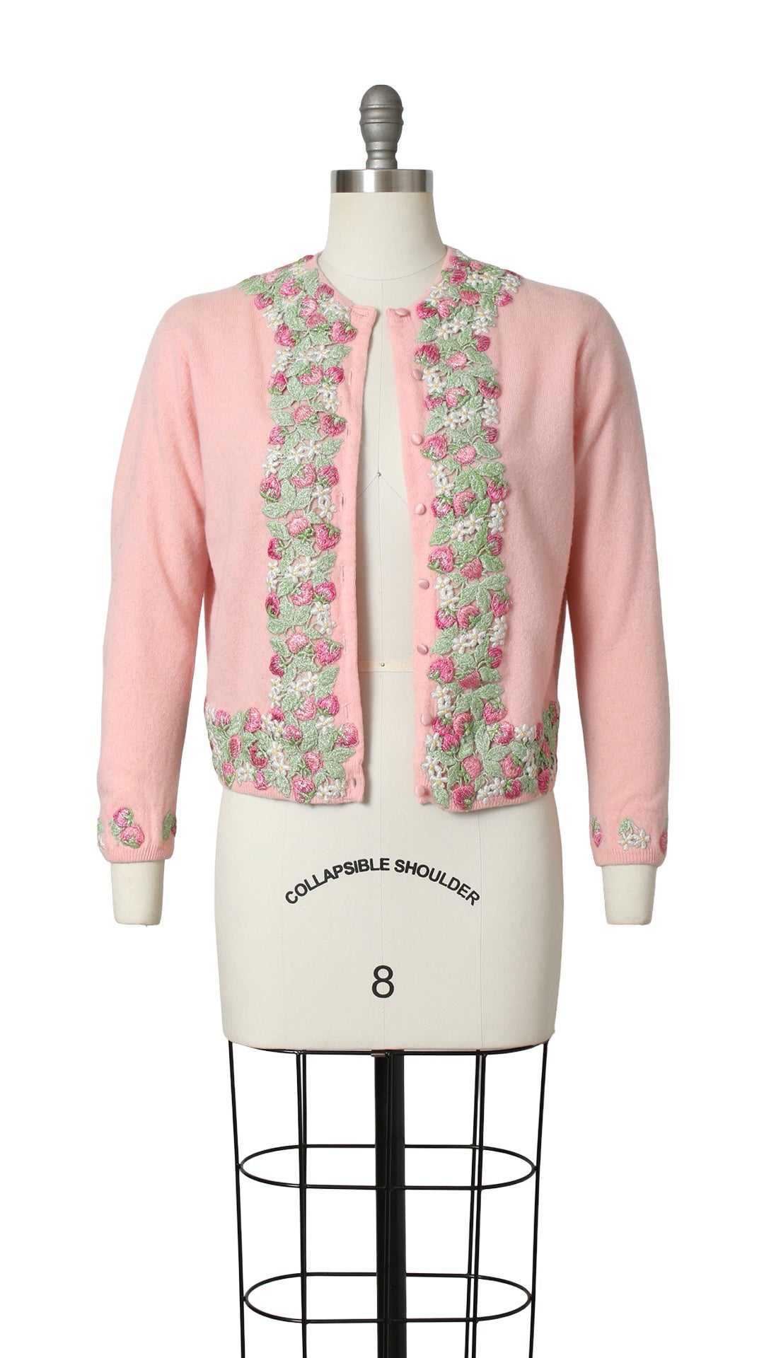 1950s DALTON Knit Cashmere Strawberry Floral Appliqué Cardigan | medium/large