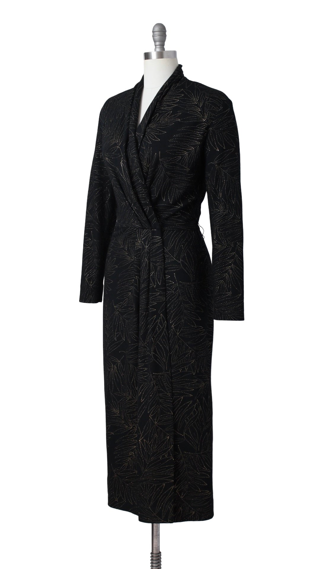 1980s Gold Pointillist Leaf Wool Wrap Dress | medium/large