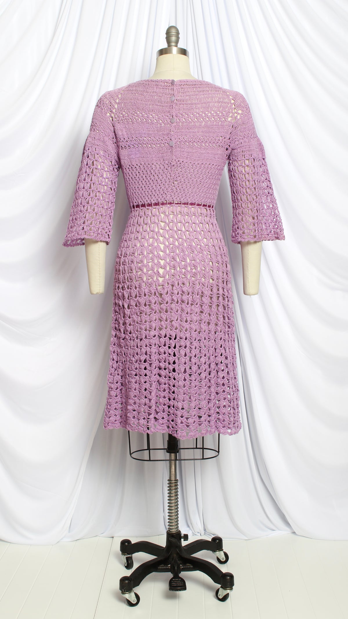 NEW | 1970s Purple Crochet Bell Sleeve Dress | small/medium/large