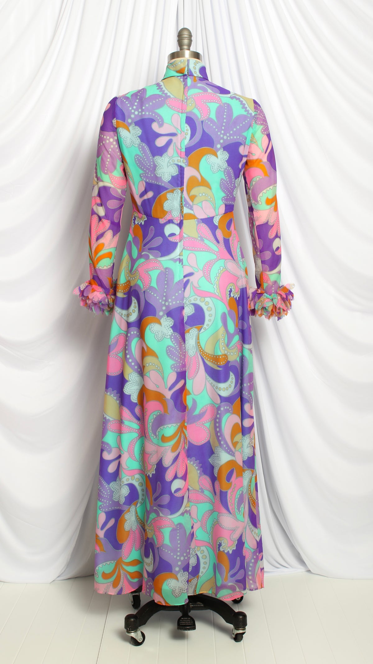 NEW | 1970s Psychedelic Geometric Chiffon Gown with Fluffy Cuffs | small/medium