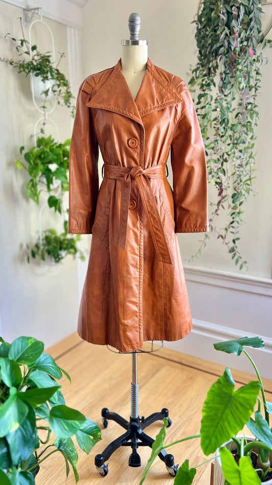 1970s Caramel Leather Trench Coat | x-small/small