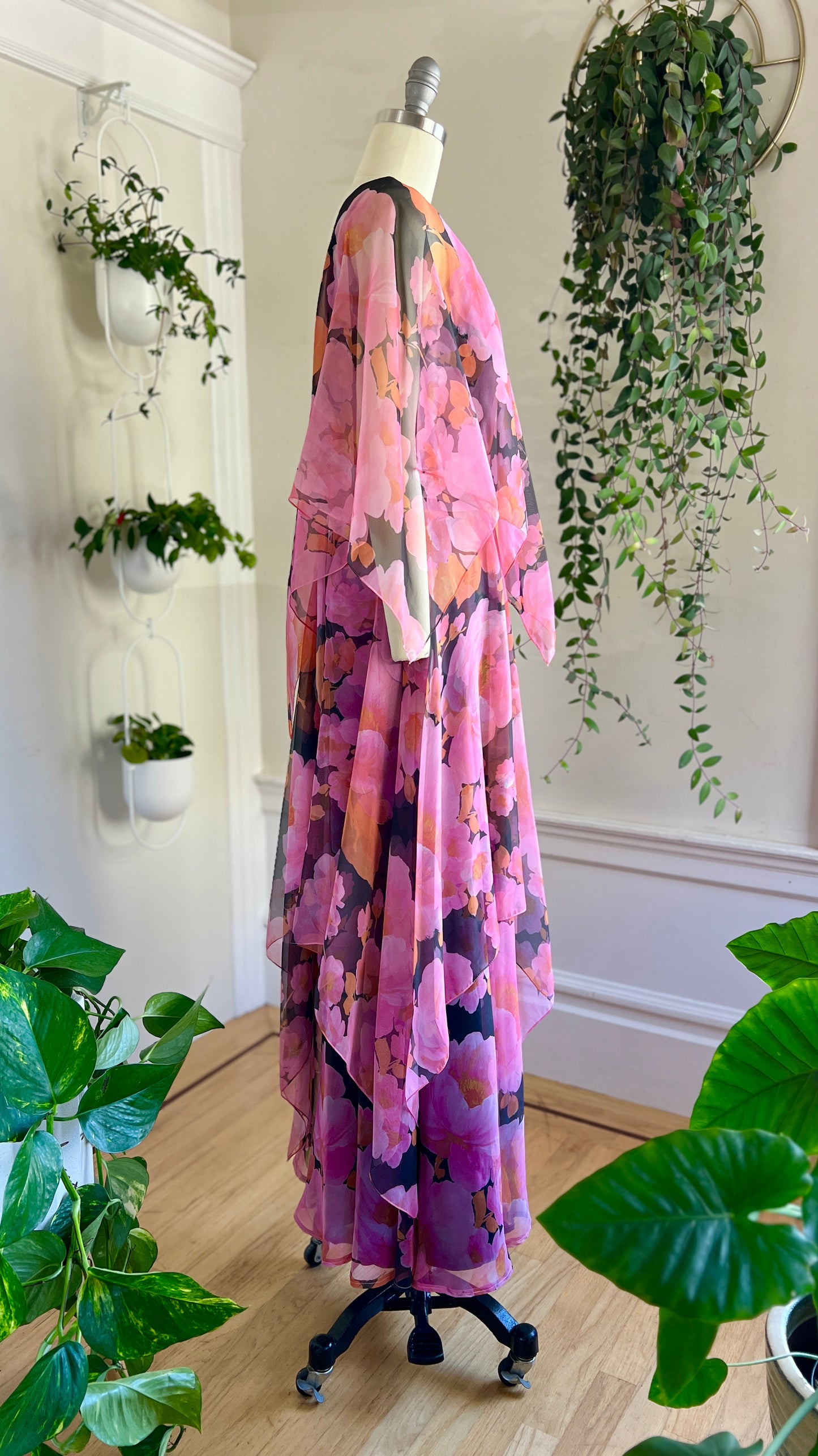 1970s Floral Tiered Chiffon Dress | small