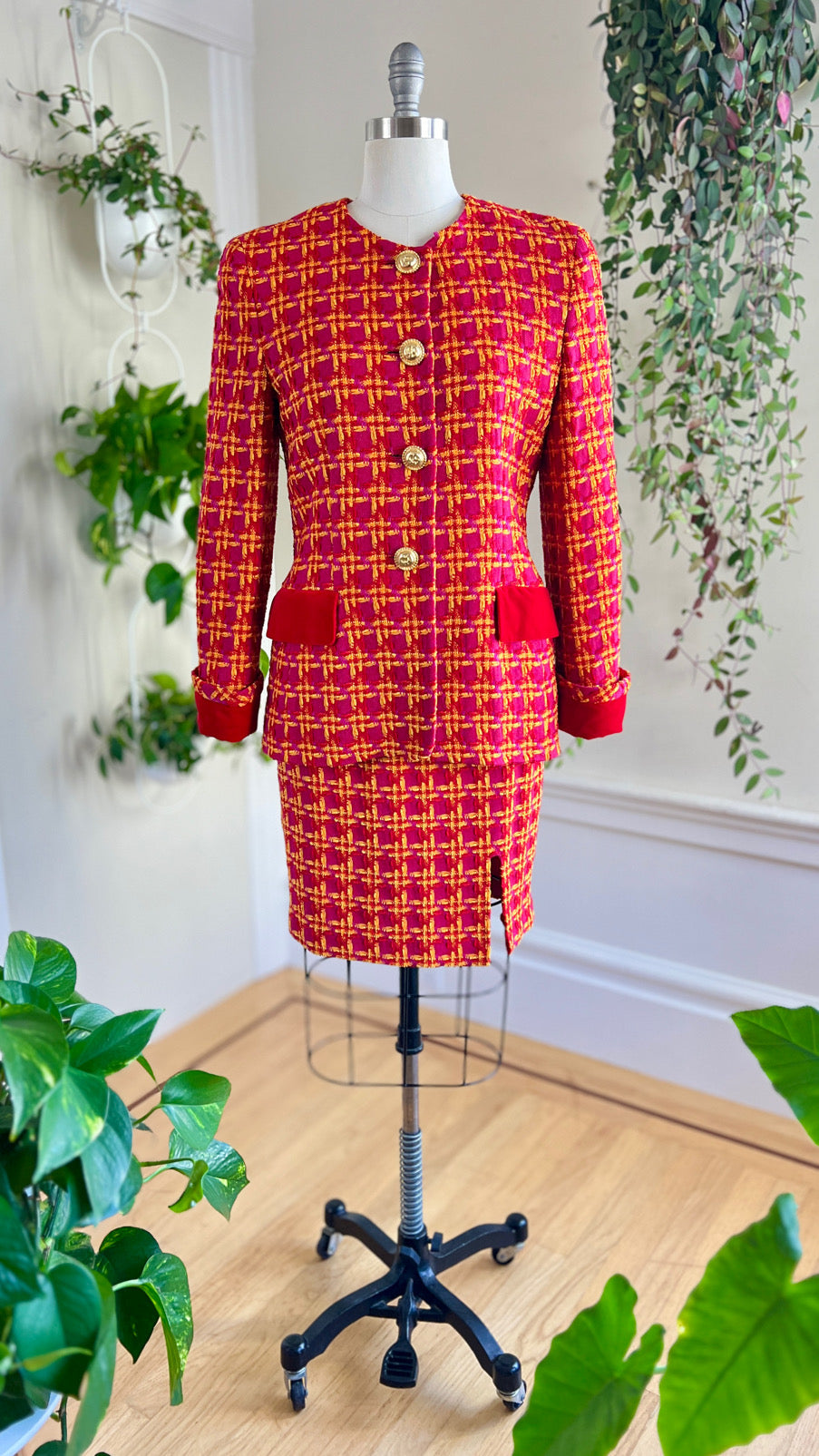 1980s ESCADA Chenille Plaid Wool Skirt Suit | medium