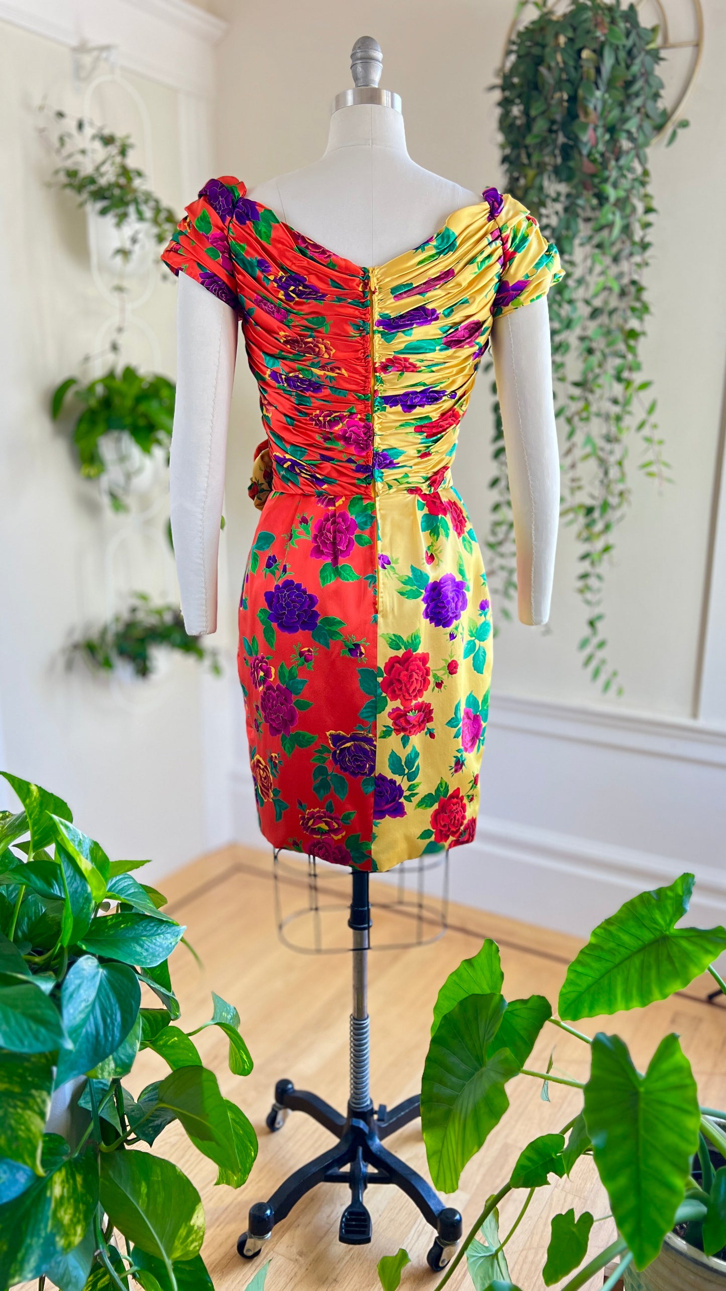 1980s Silk Rose Print Cocktail Dress | small