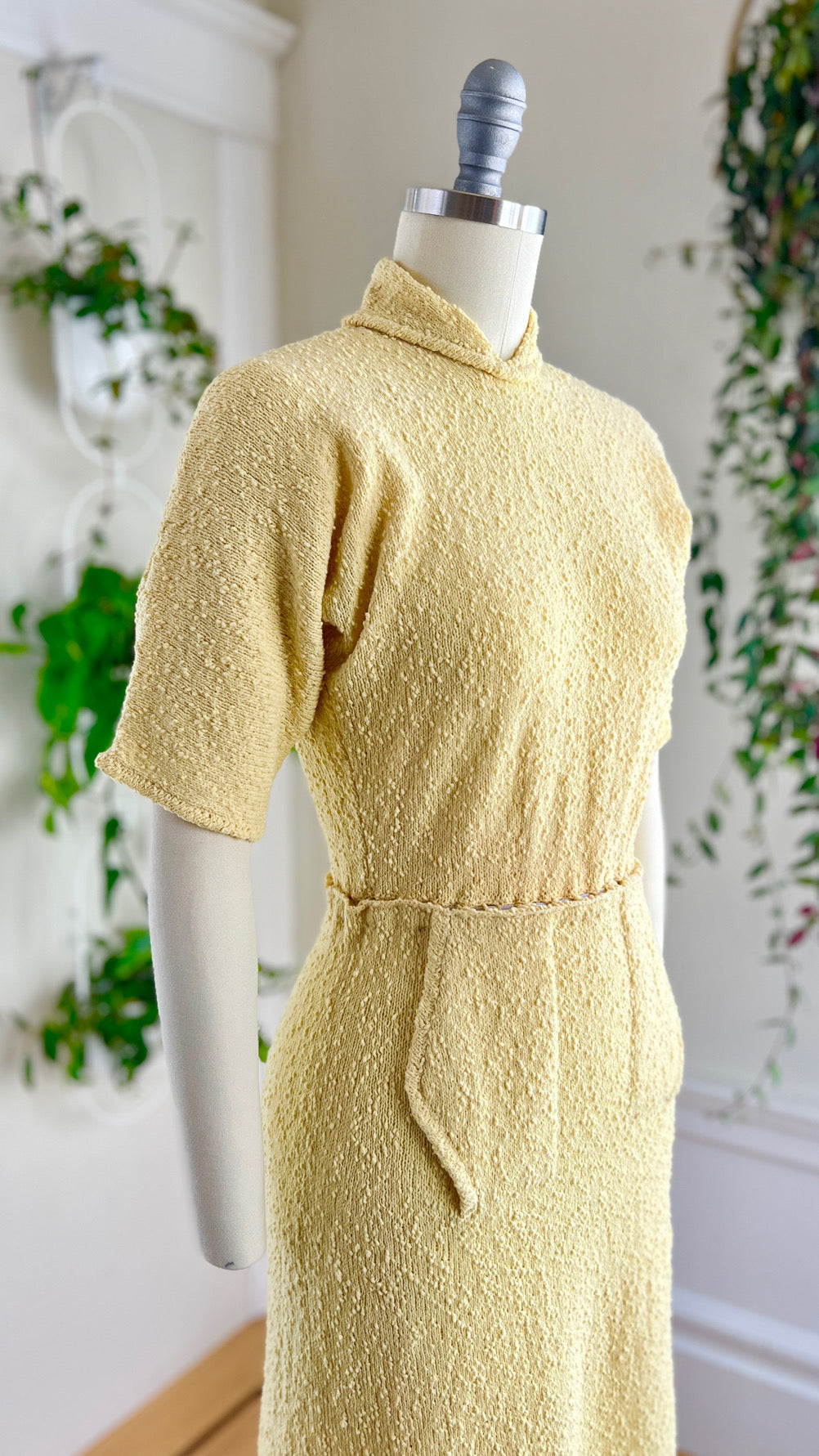 1940s Yellow Knit Wool Dress with Belt | x-small/small