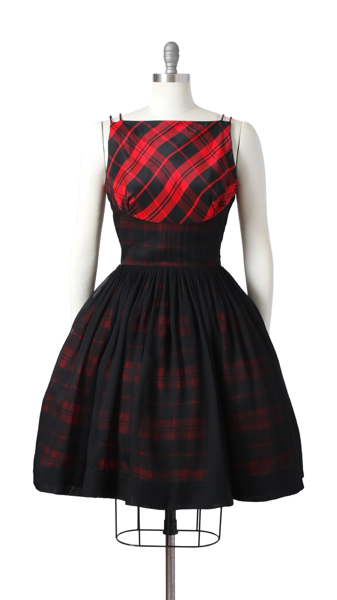 1950s Plaid Taffeta & Chiffon Dress | small