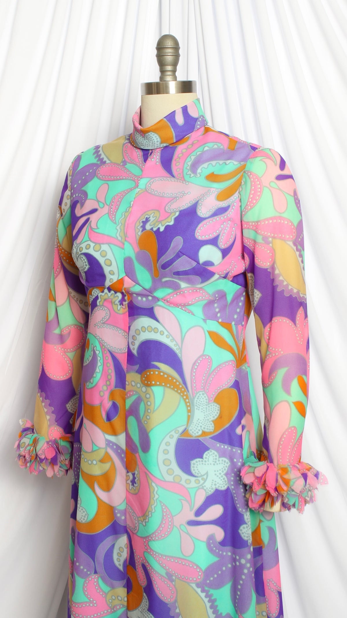 NEW | 1970s Psychedelic Geometric Chiffon Gown with Fluffy Cuffs | small/medium