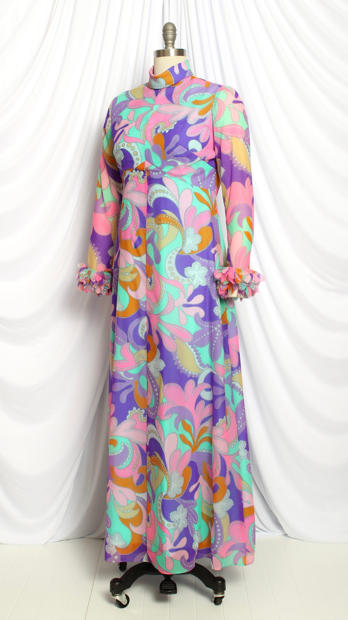 NEW | 1970s Psychedelic Geometric Chiffon Gown with Fluffy Cuffs | small/medium