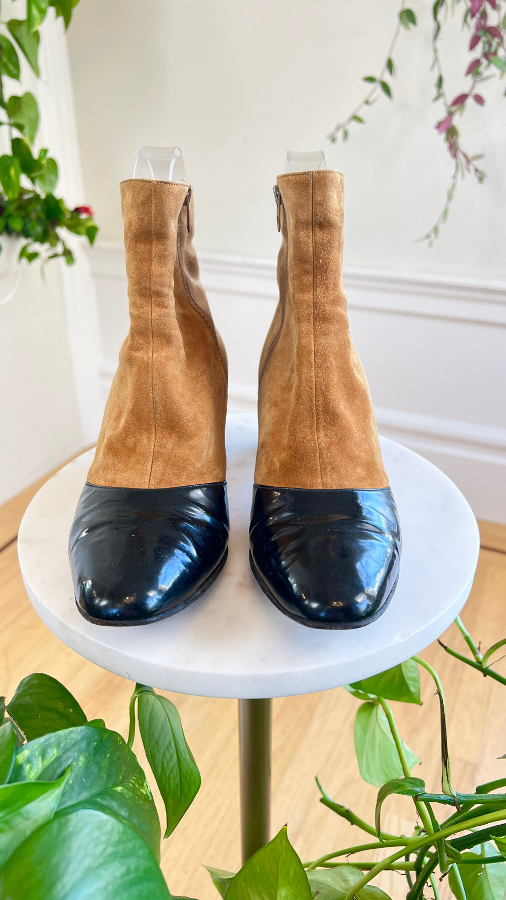 1960s Suede + Patent Leather Ankle Boots | size US 6.5