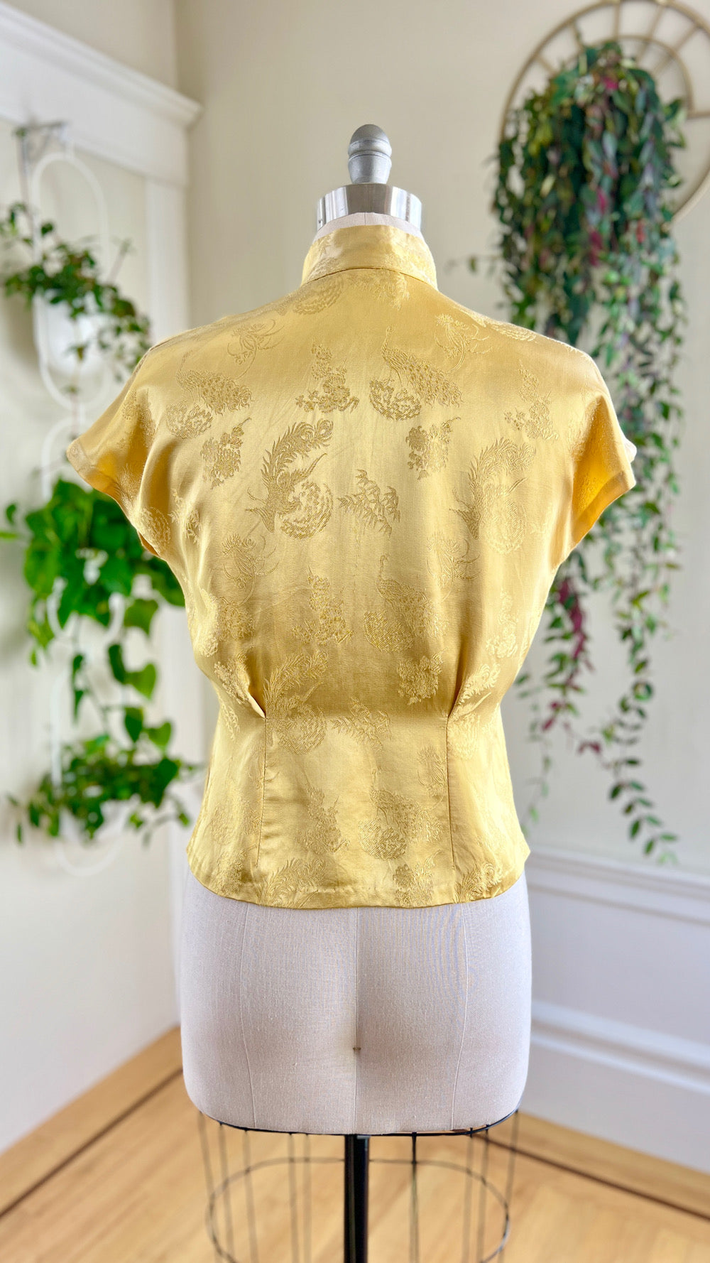 1950s Peacock Satin Jacquard Blouse | medium/large