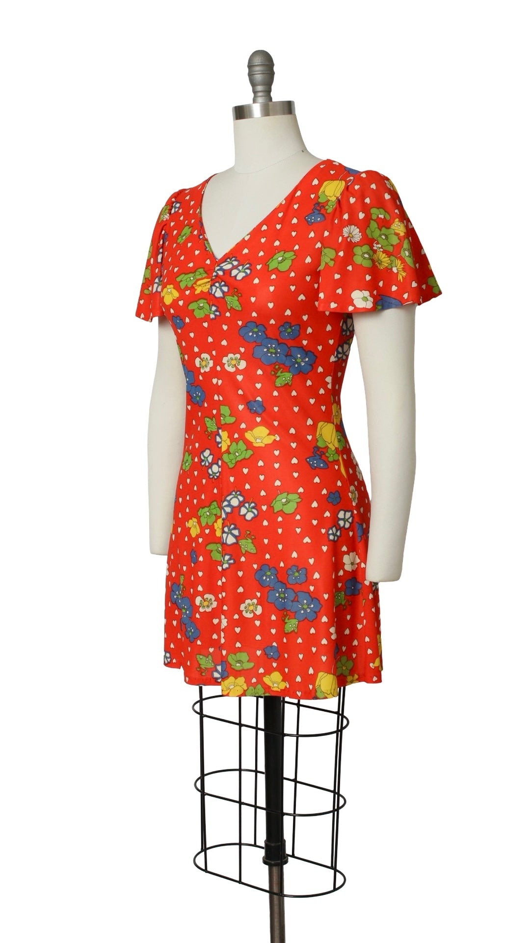 NEW | 1970s Frog Floral Hearts Novelty Print Dress | small