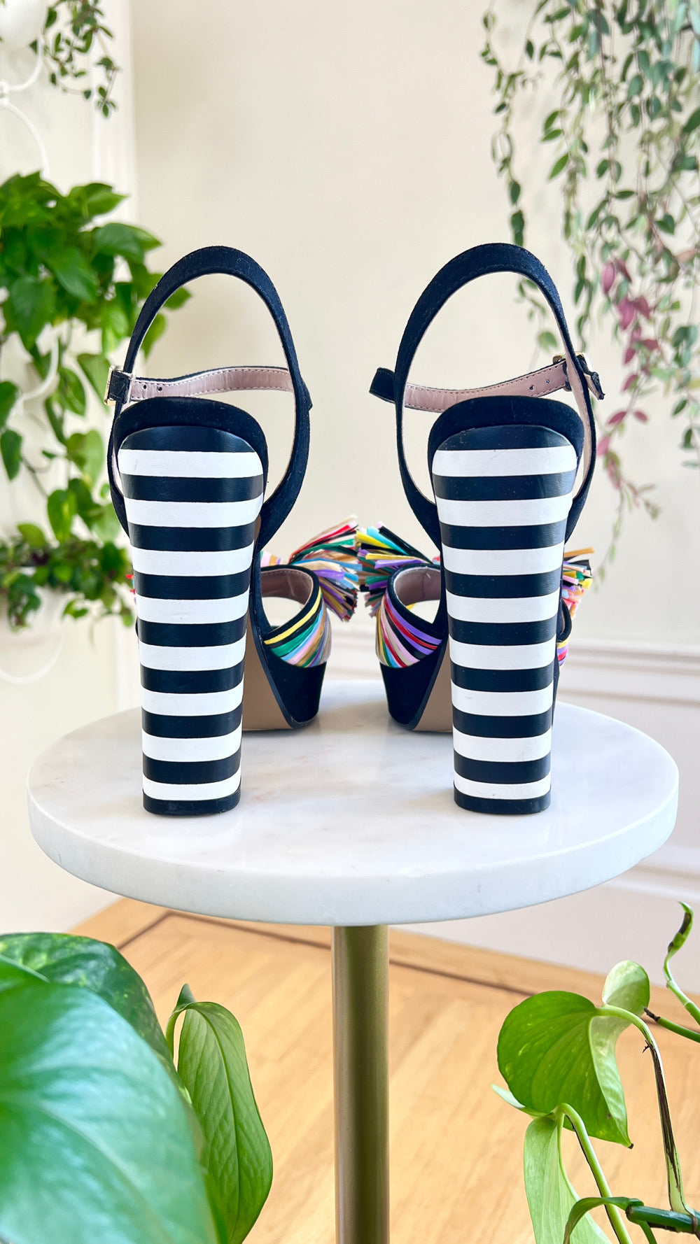 Modern BETSEY JOHNSON 1970s Style Platform Striped Pom Pom Heels | size US 8