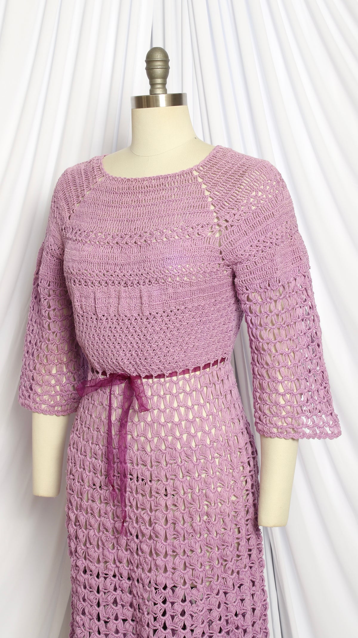 NEW | 1970s Purple Crochet Bell Sleeve Dress | small/medium/large