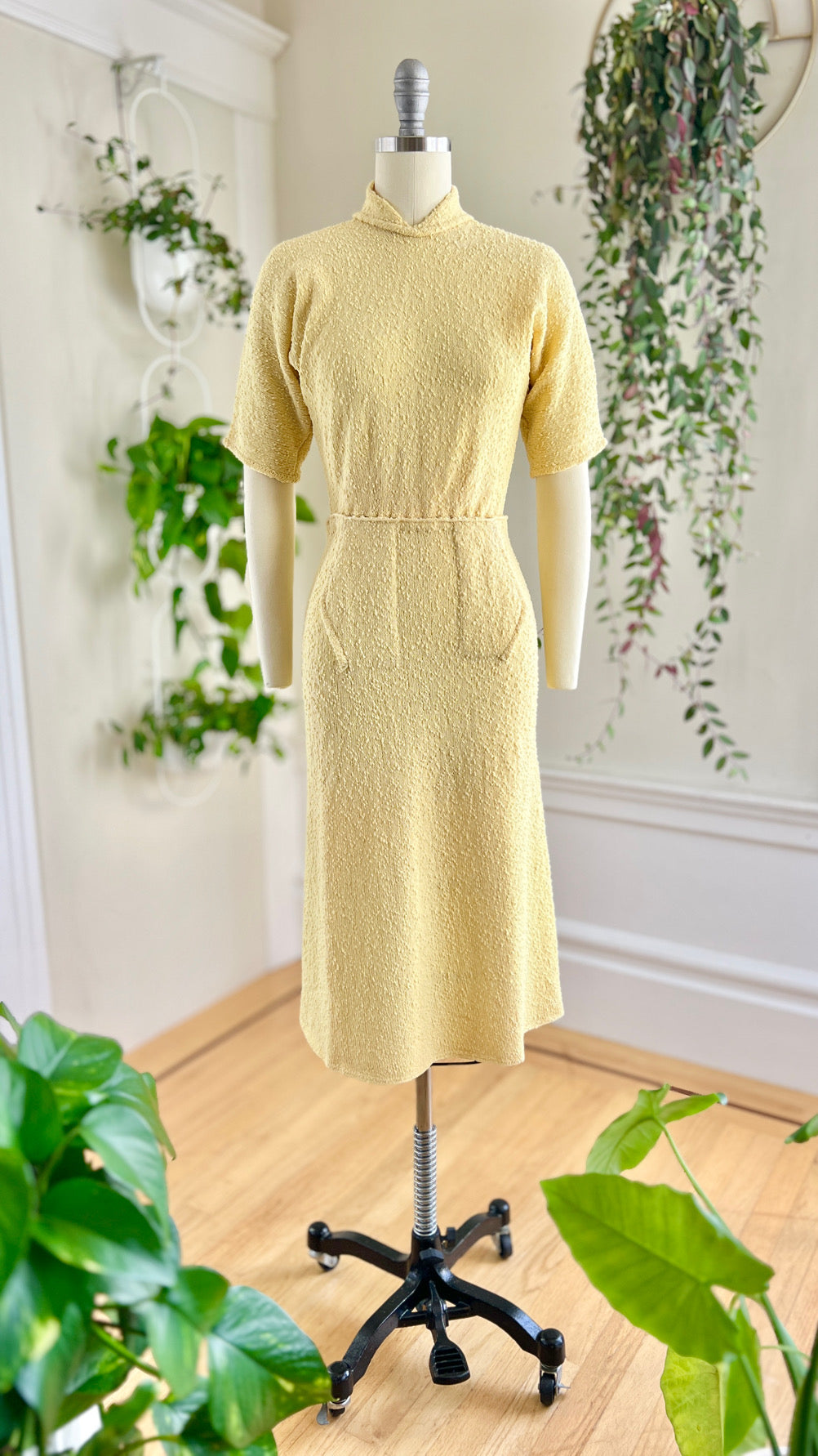 1940s Yellow Knit Wool Dress with Belt | x-small/small