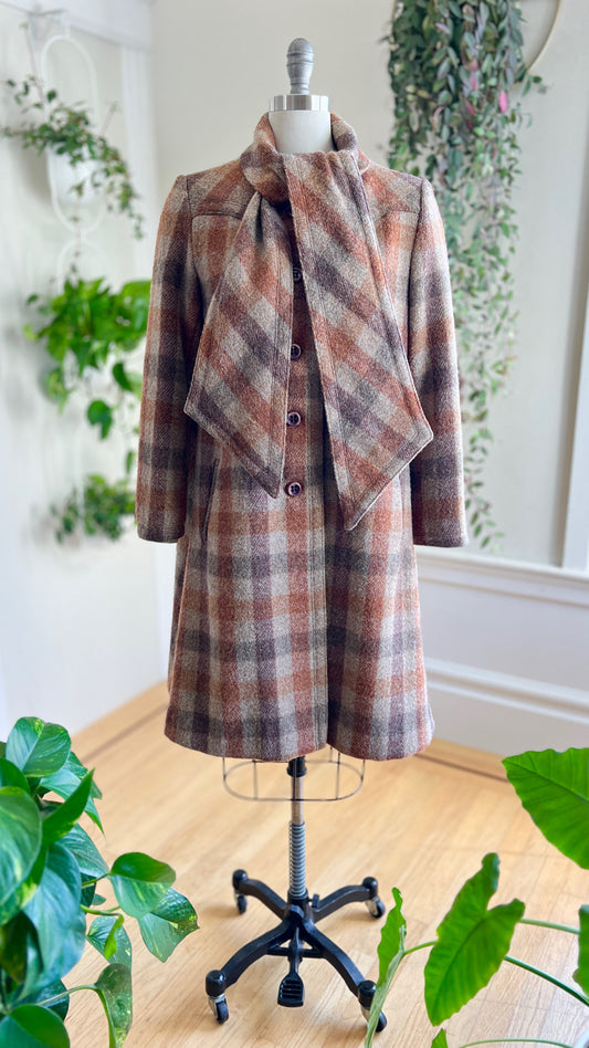 1970s Checkered Wool Coat with Attached Scarf | large