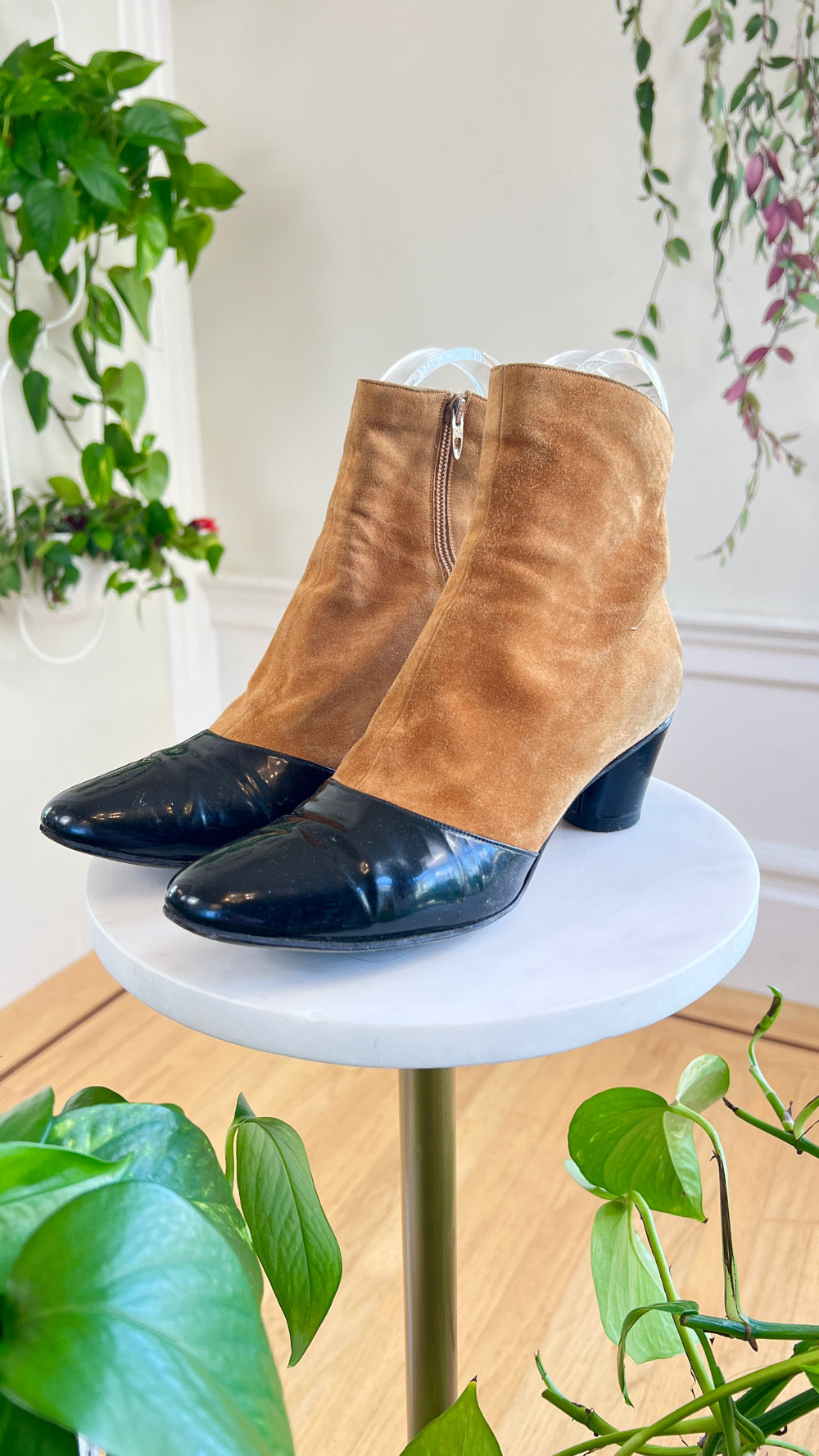 1960s Suede + Patent Leather Ankle Boots | size US 6.5