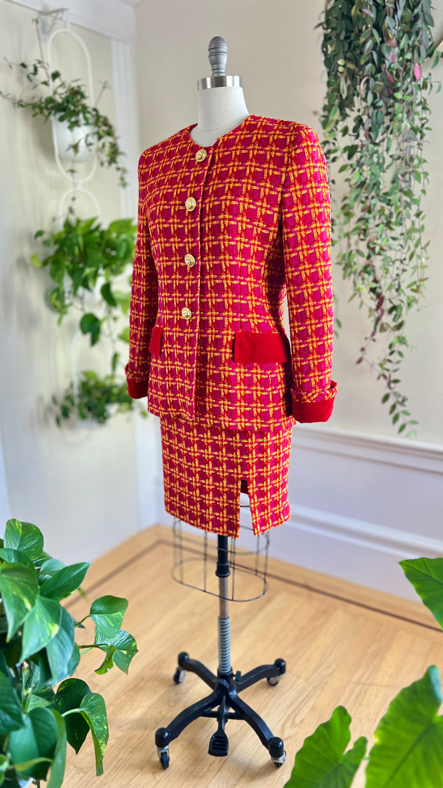 1980s ESCADA Chenille Plaid Wool Skirt Suit | medium