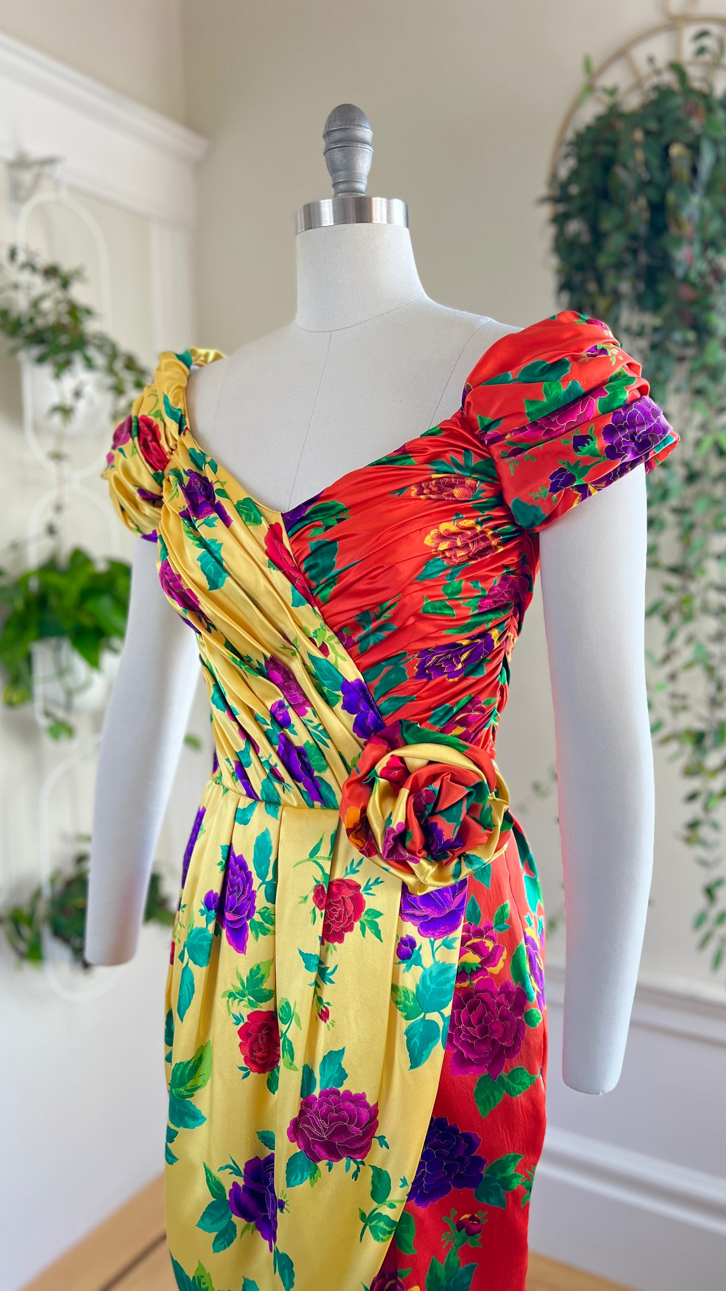 1980s Silk Rose Print Cocktail Dress | small