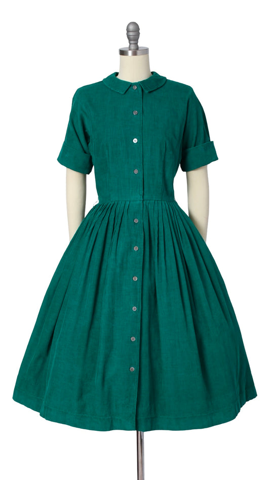 1950s 1960s Green Corduroy Shirtwaist Dress | small