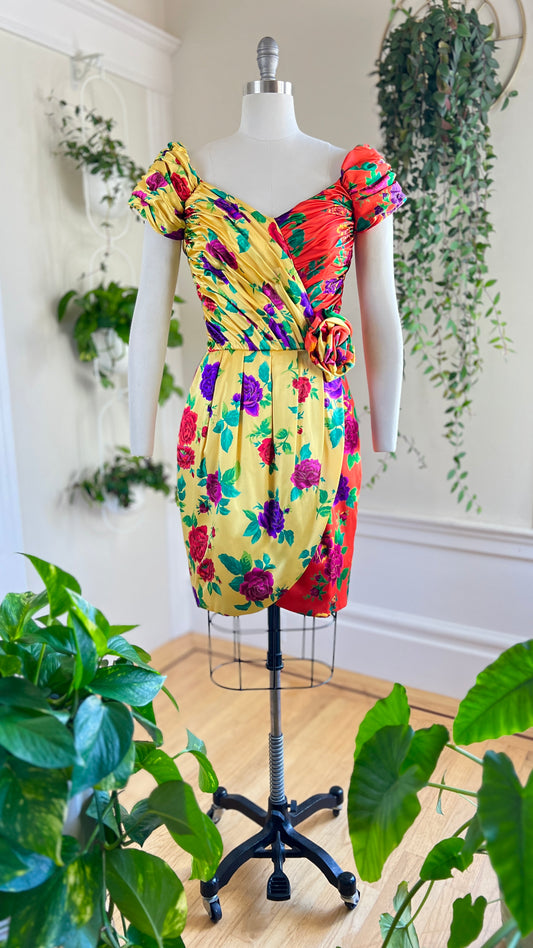 1980s Silk Rose Print Cocktail Dress | small