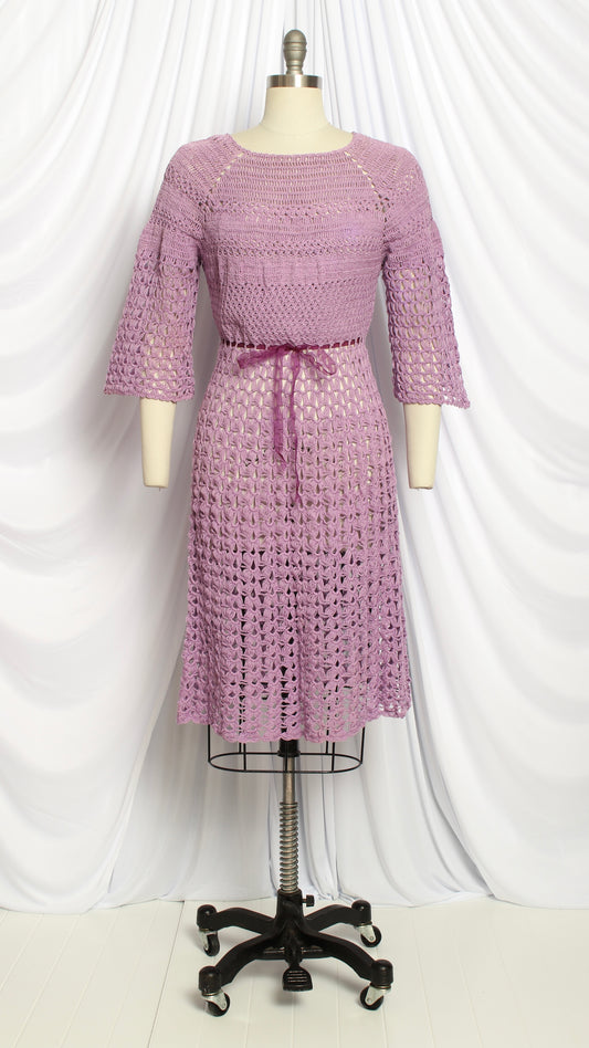 NEW | 1970s Purple Crochet Bell Sleeve Dress | small/medium/large