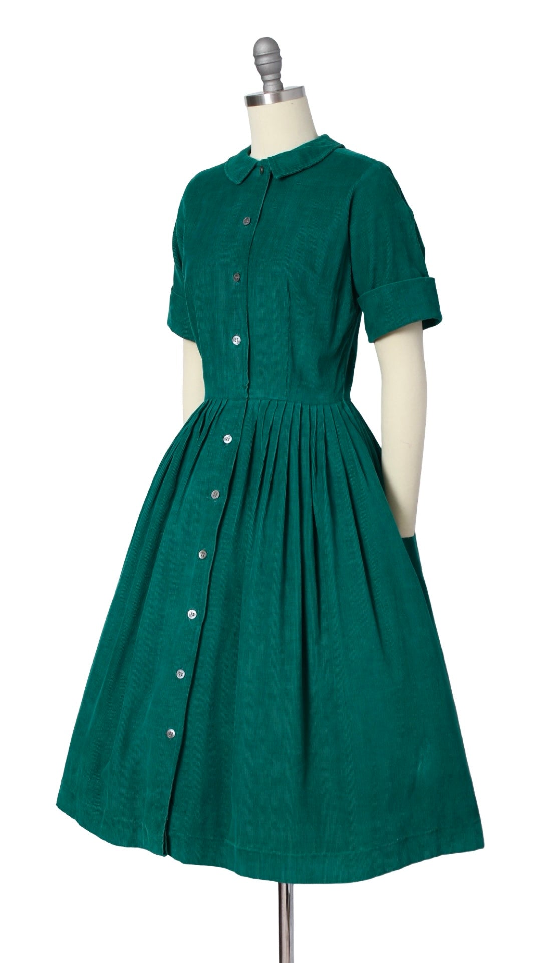 1950s 1960s Green Corduroy Shirtwaist Dress | small