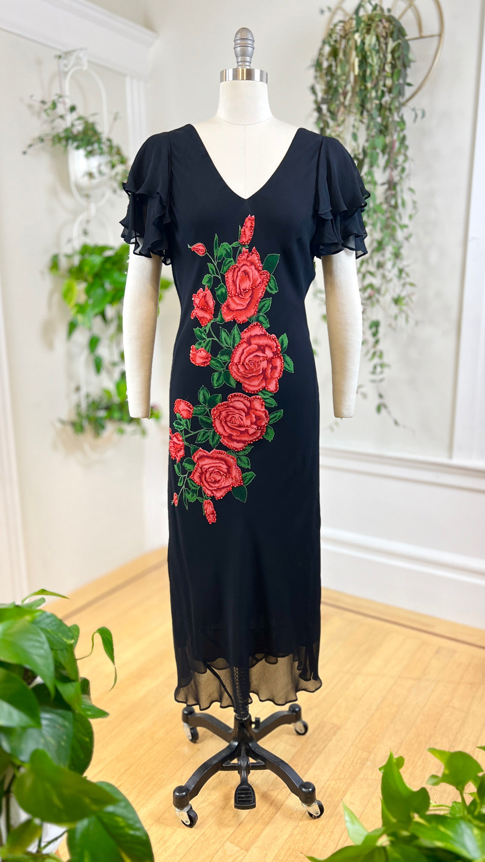 2000s Sequin Roses Bias Cut Rayon Dress | medium/large