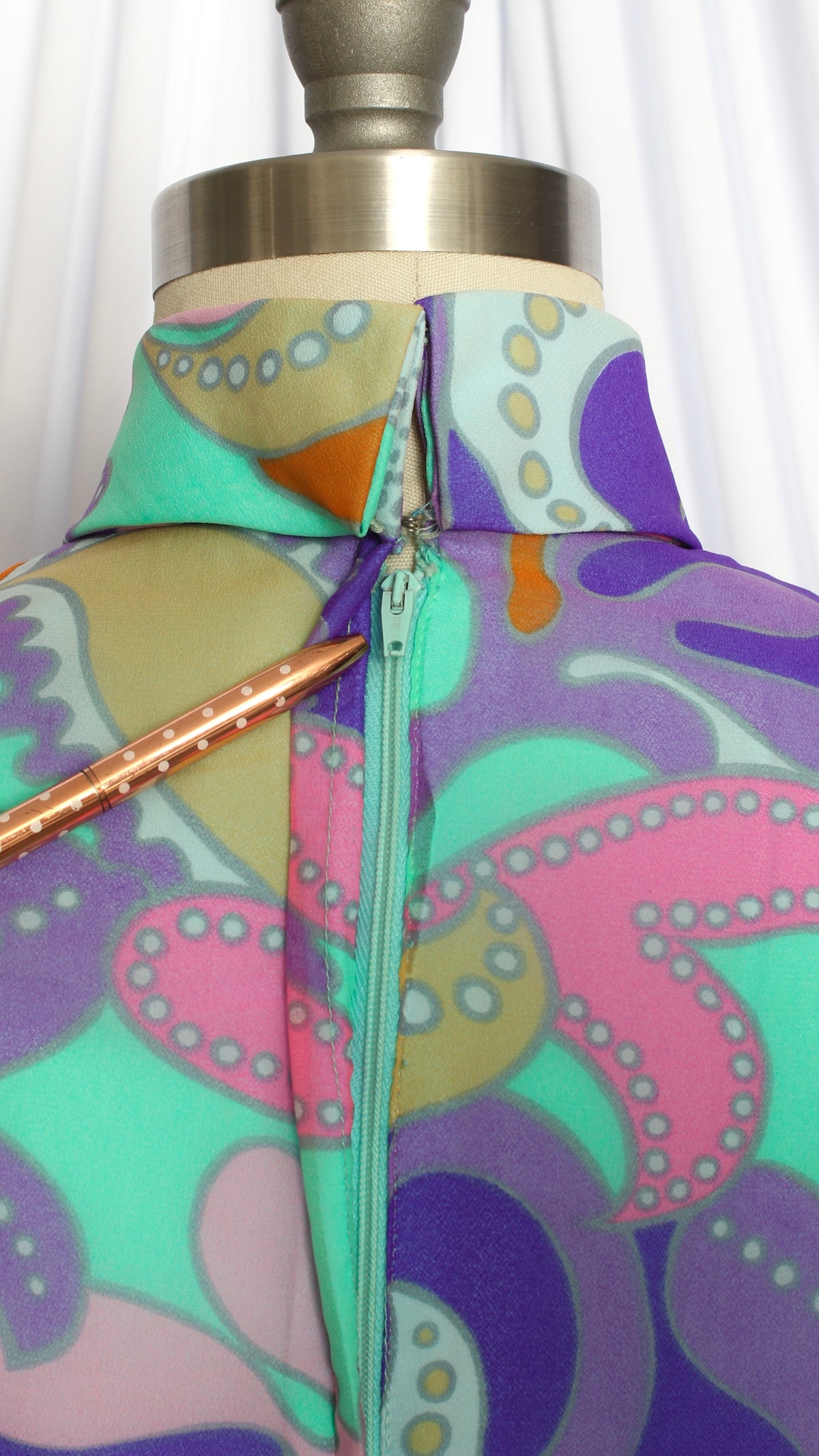 NEW | 1970s Psychedelic Geometric Chiffon Gown with Fluffy Cuffs | small/medium