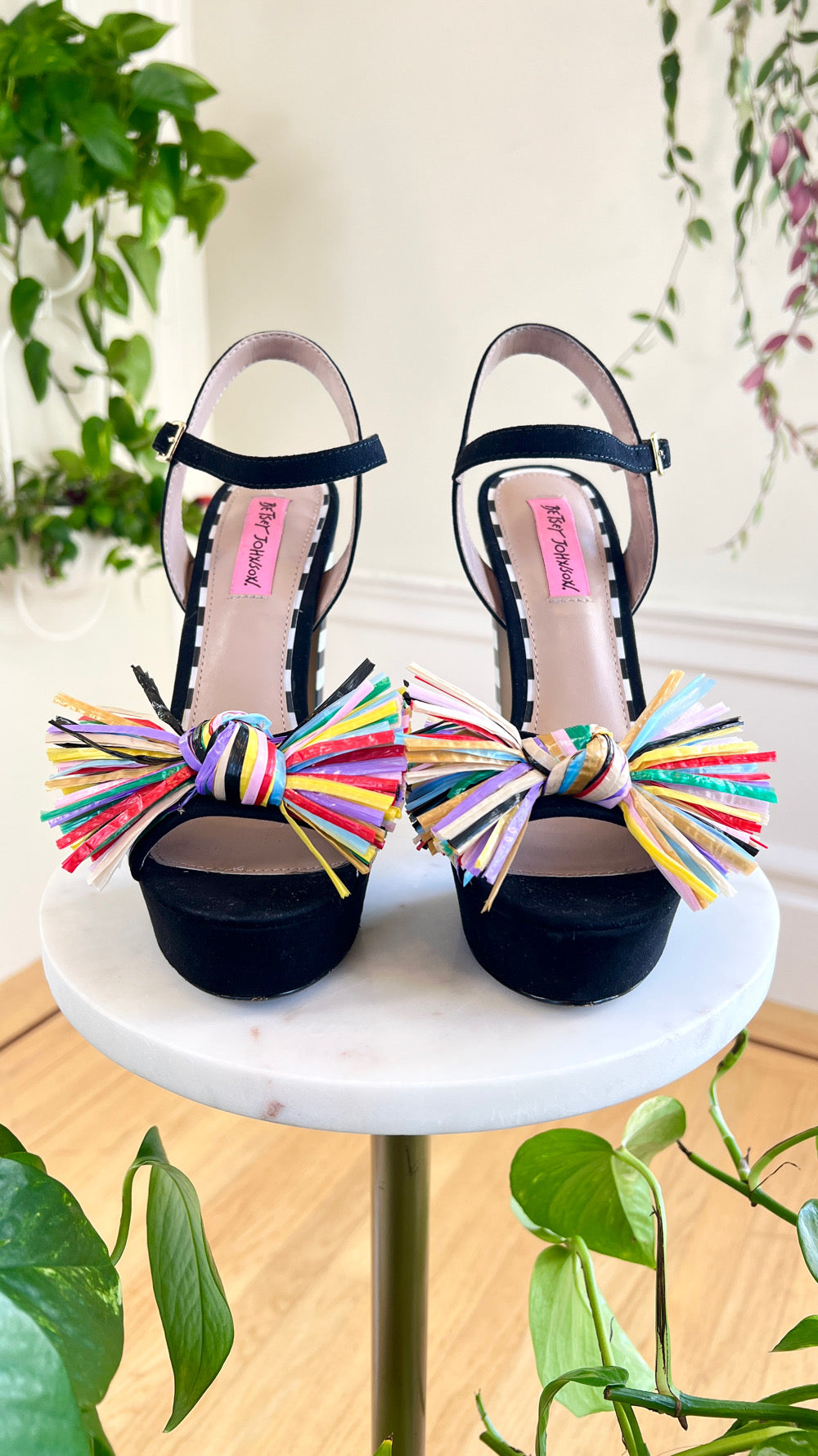 Modern BETSEY JOHNSON 1970s Style Platform Striped Pom Pom Heels | size US 8