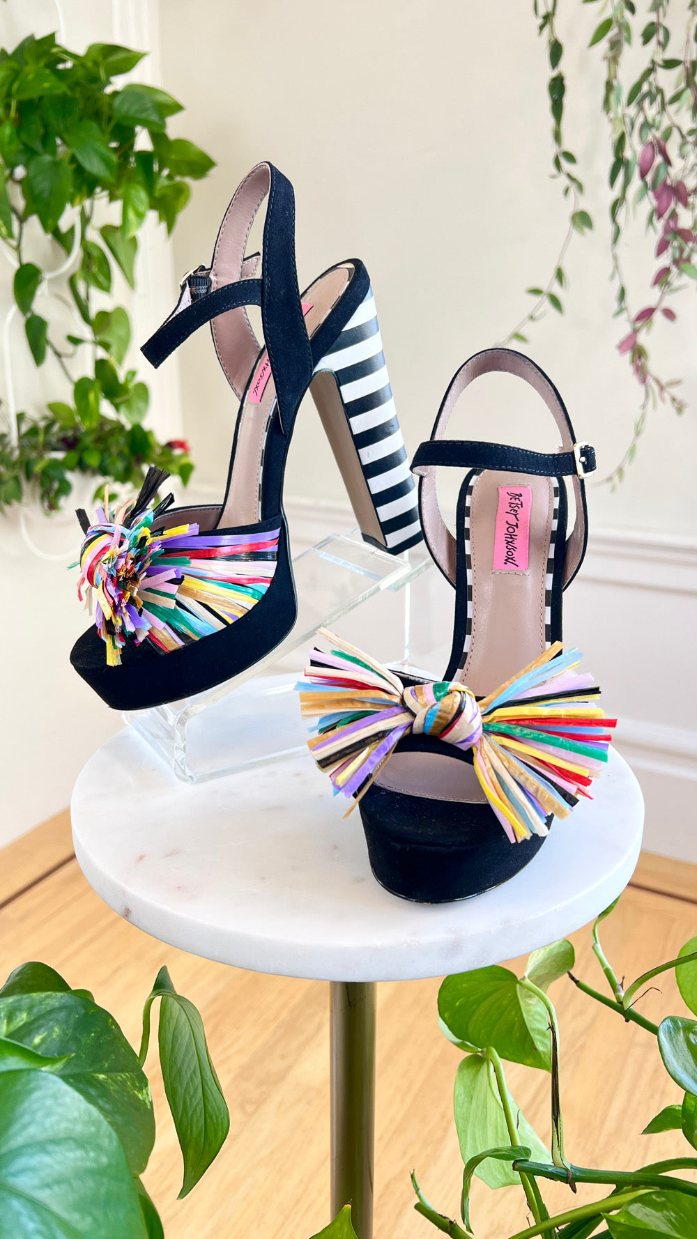 Modern BETSEY JOHNSON 1970s Style Platform Striped Pom Pom Heels | size US 8