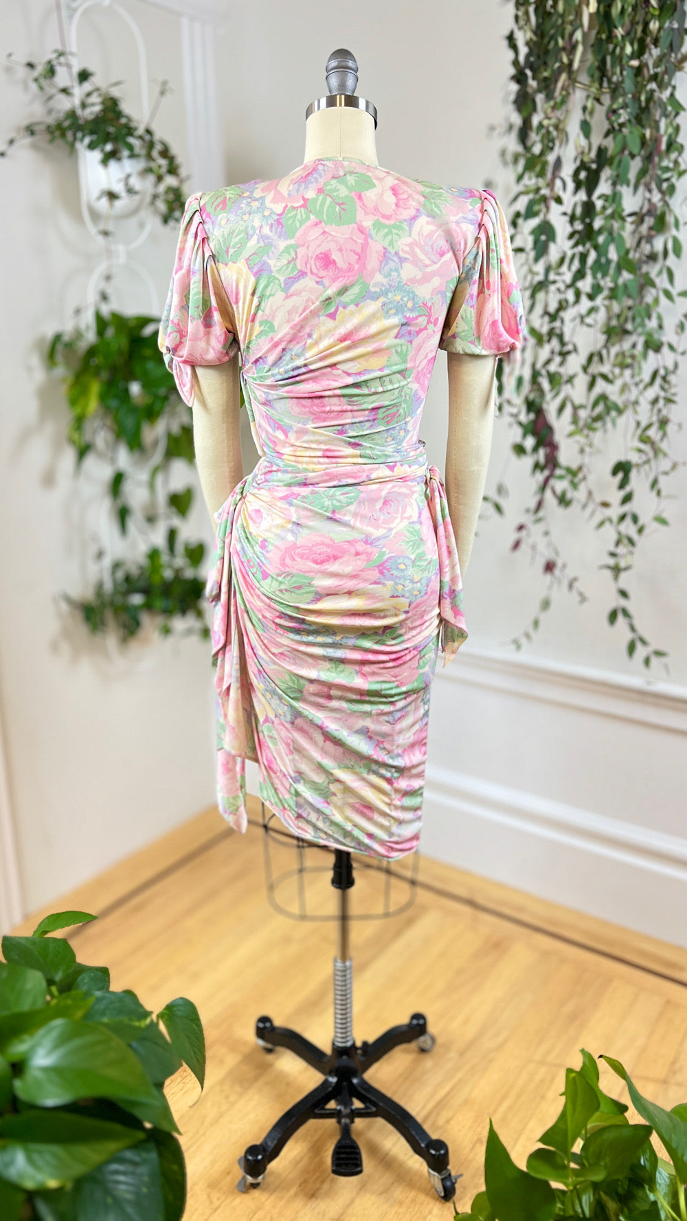 Vintage 1980s 80s Ungaro Designer Floral Silk Jersey Draped Wiggle Sheath Tea Day Dress Stretchy Couture Pastel Print xs xsmall
