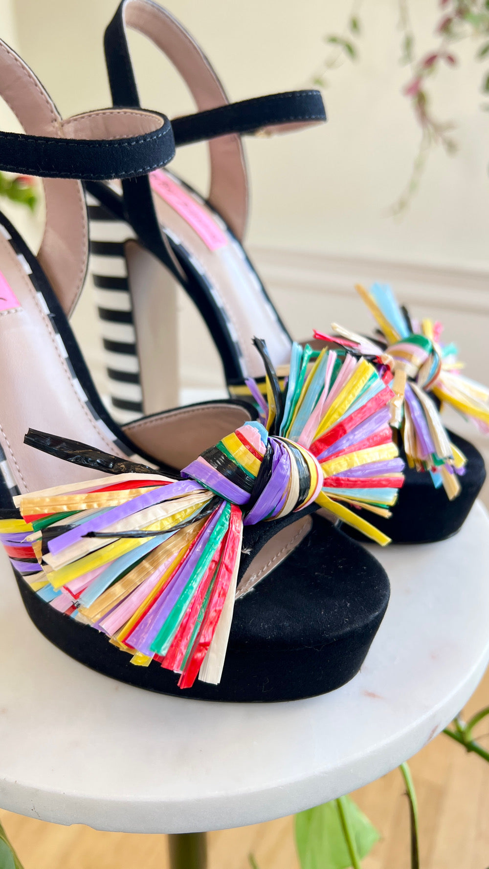 Modern BETSEY JOHNSON 1970s Style Platform Striped Pom Pom Heels | size US 8