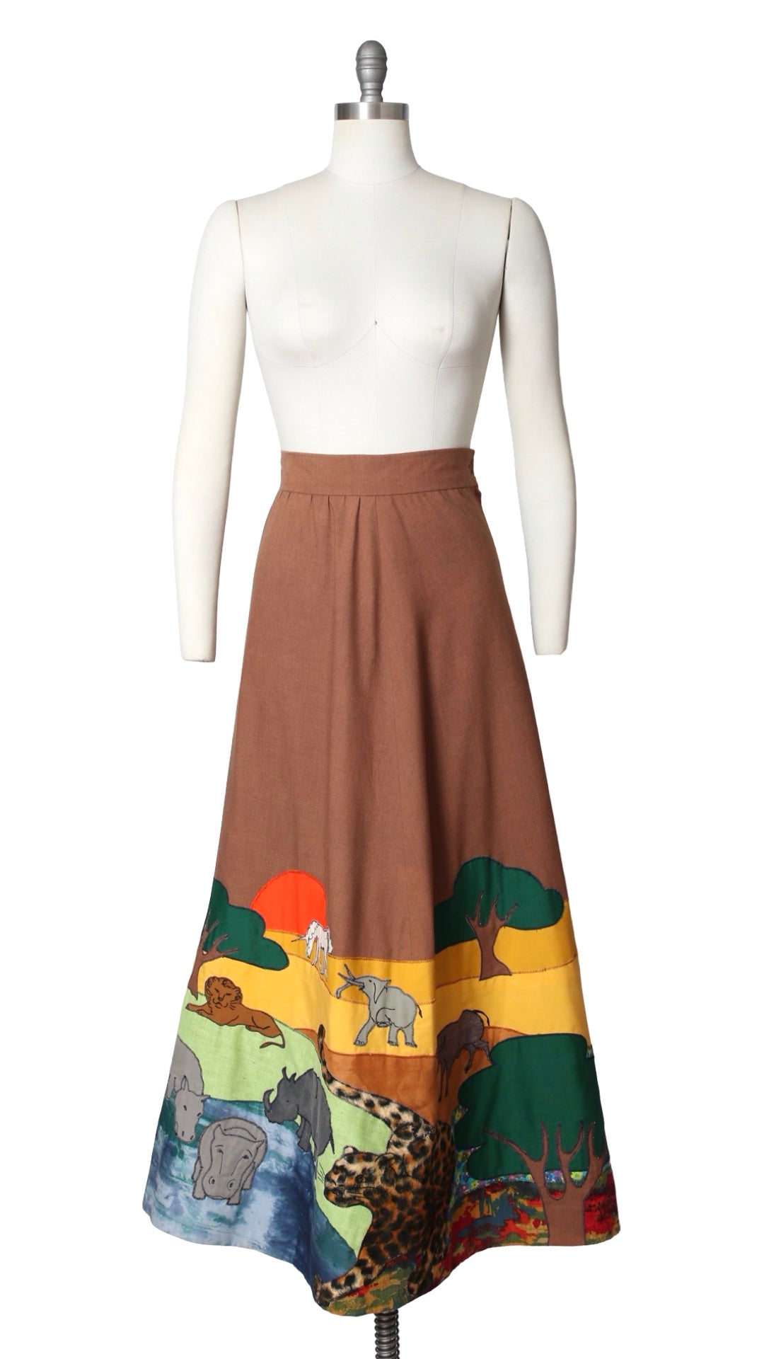 1970s Hand-Appliquéd "Water Hole" Novelty Border Print Skirt | small