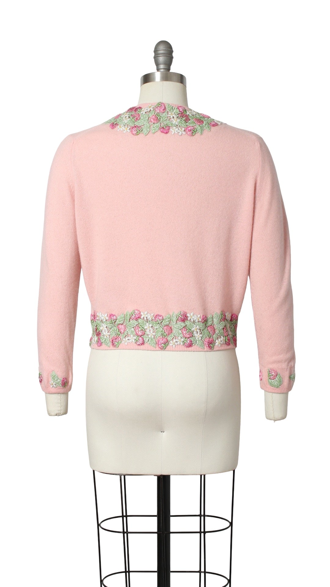 1950s DALTON Knit Cashmere Strawberry Floral Appliqué Cardigan | medium/large