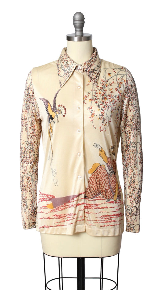 1970s Art Deco Novelty Print Blouse | small