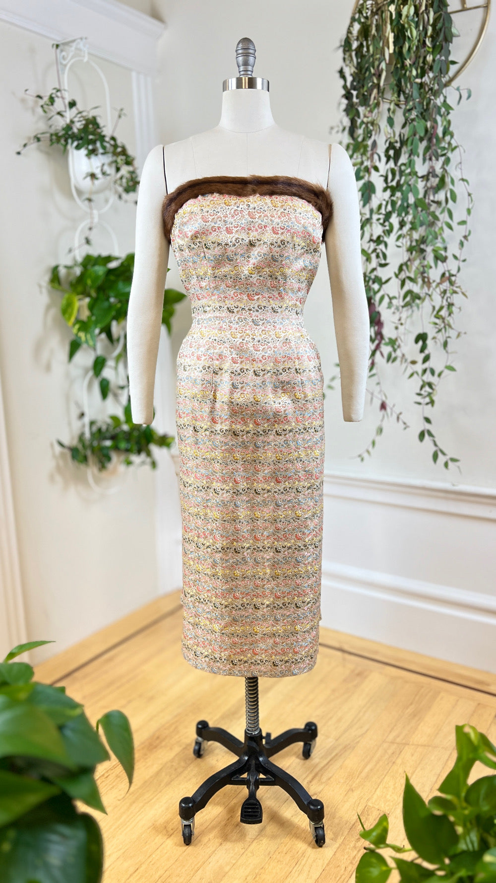 1950s MADELEINE FAUTH Mink Fur Floral Brocade Gown