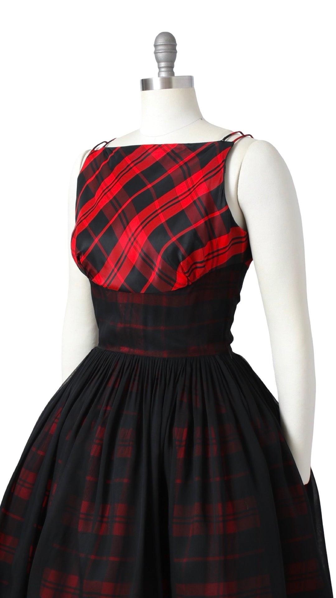 1950s Plaid Taffeta & Chiffon Dress | small