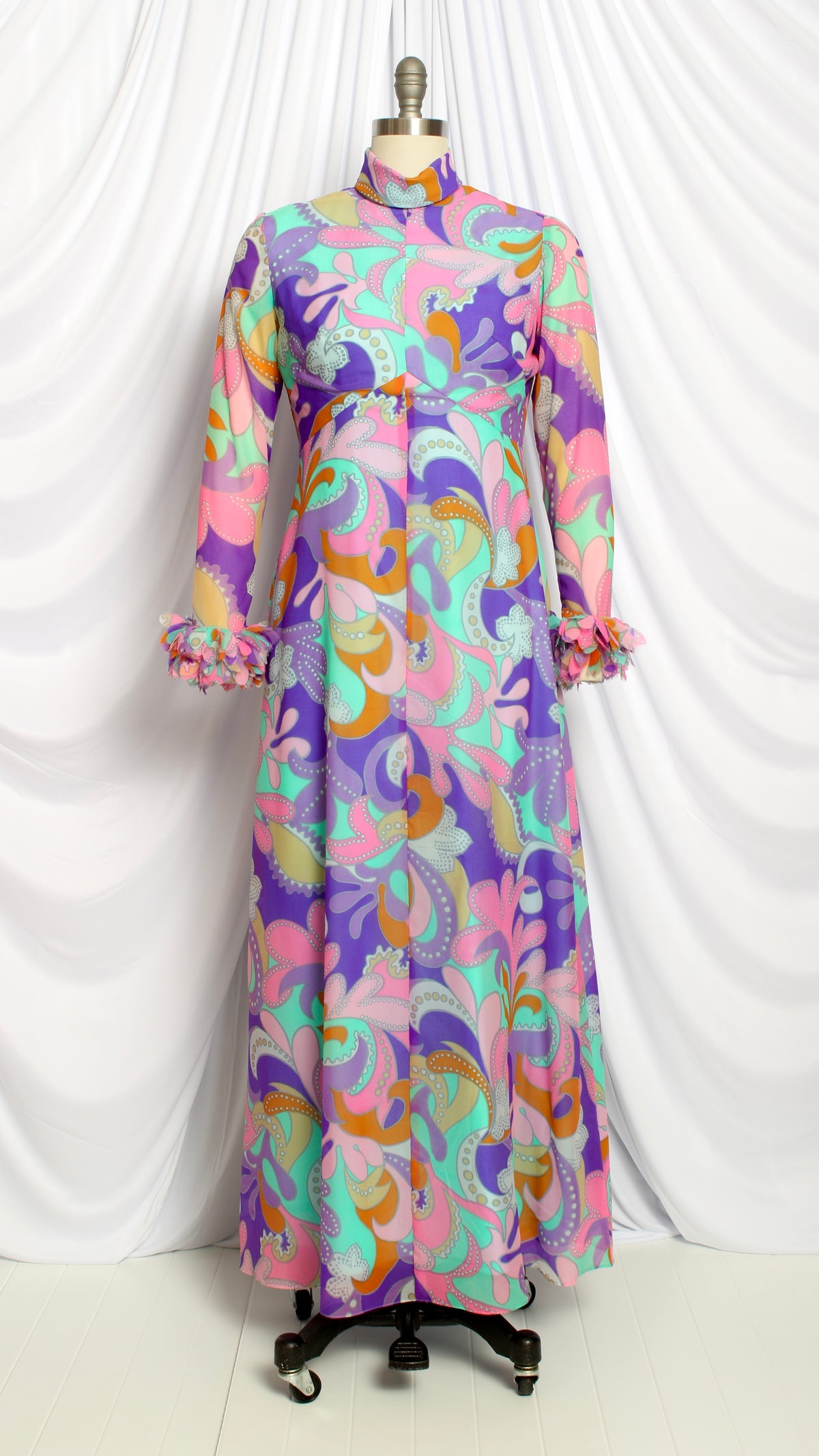 NEW | 1970s Psychedelic Geometric Chiffon Gown with Fluffy Cuffs | small/medium